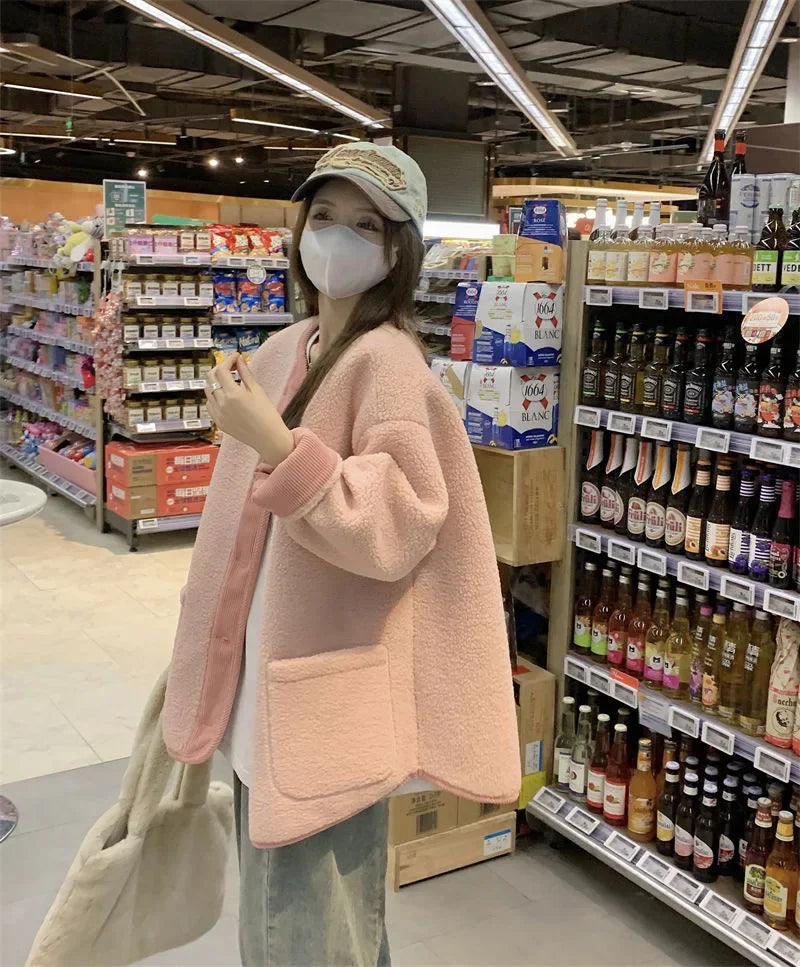 2024 Winter New Women's Lamb Wool Jacket Petite Loose-Fit Thickened Integrated Deer Skin Fleece Medium-Length Korean Style