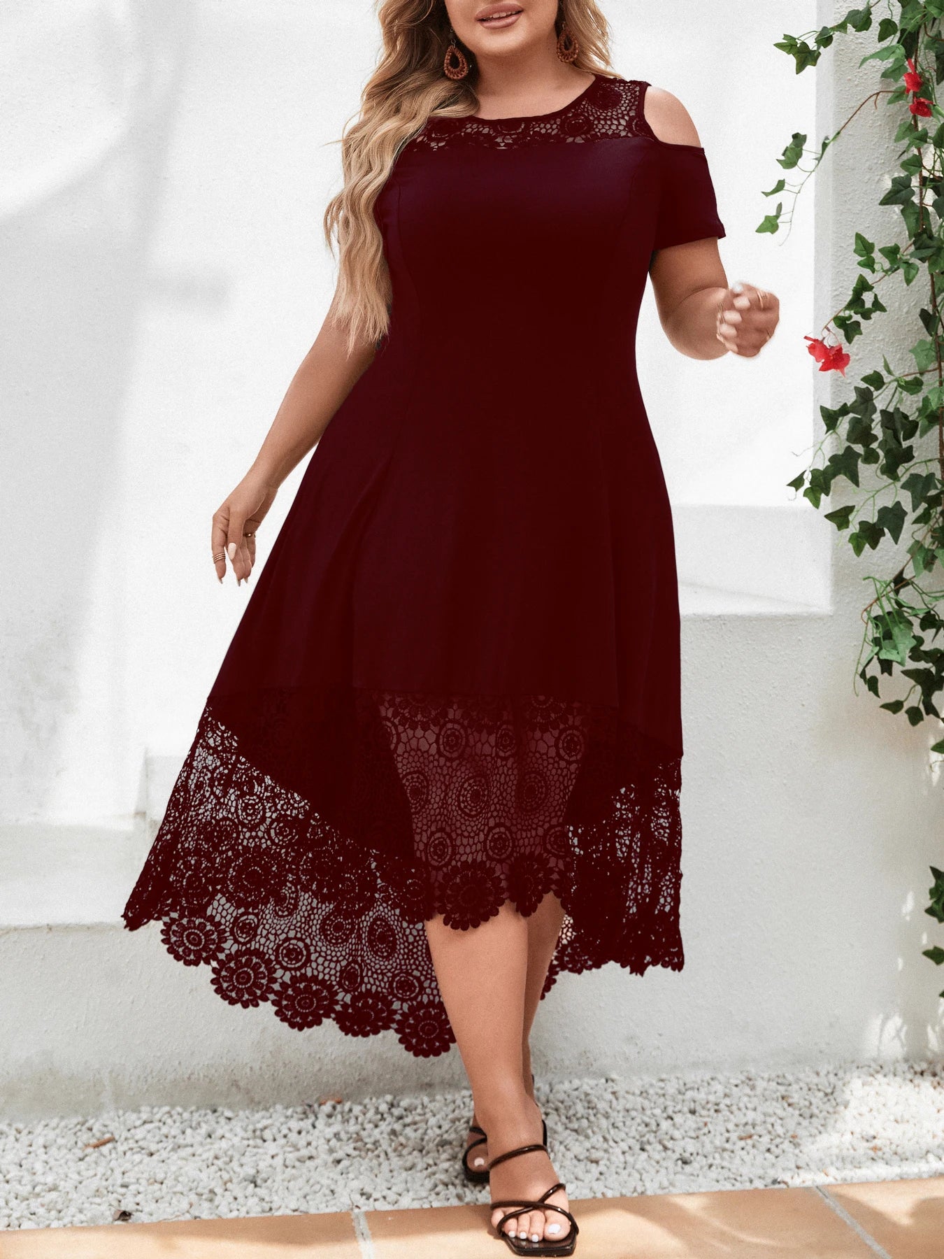 Plus Size Women' Solid Elegant Lace Spliced Cold Shoulder Midi Dress Summer Ladies Banquet Party Cocktail Sundress Size 0XL-5XL