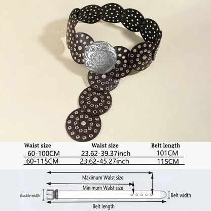 Women's Western Denim Belt High Quality Metal Hollow Ladies Trend Wide Waistband Vintage Personalized Round Belts DT148