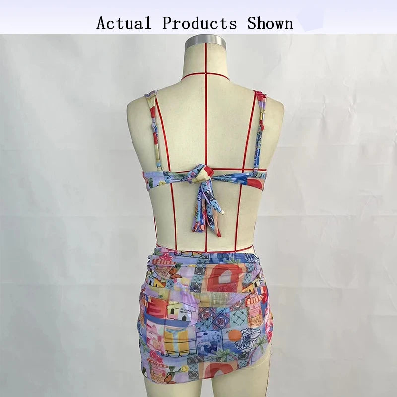 BEACHCICI Women's Bikini Three Piece Stylish Sexy Printed Tie up Pleated Suspender High Waist Thong Beach Vacation Swimsuit