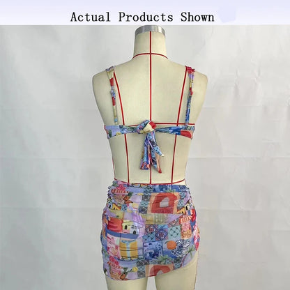 BEACHCICI Women's Bikini Three Piece Stylish Sexy Printed Tie up Pleated Suspender High Waist Thong Beach Vacation Swimsuit