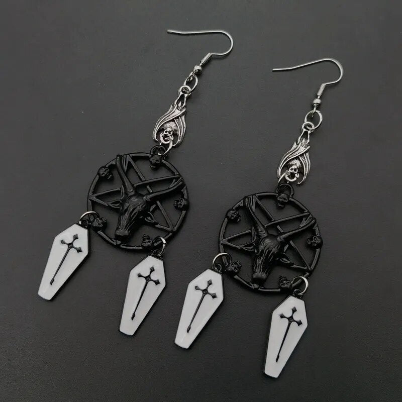 Vintage Goth Gothic punk ancient silver colour pentagram antelope skull coffin cross earrings Aesthetic Grunge y2k Jewelry