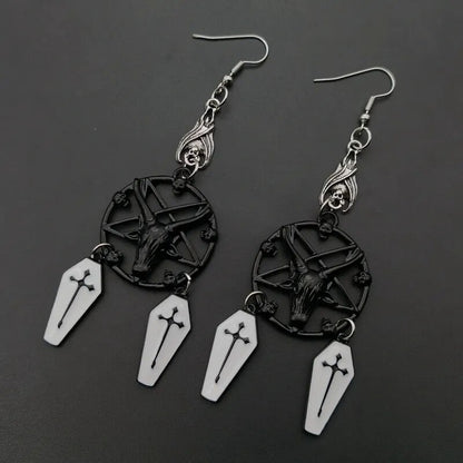 Vintage Goth Gothic punk ancient silver colour pentagram antelope skull coffin cross earrings Aesthetic Grunge y2k Jewelry