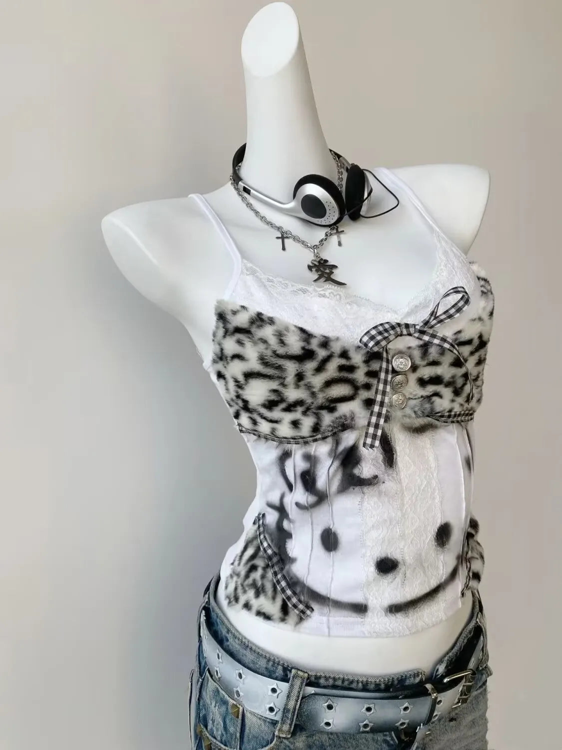 Vintage Hottie Halter Tank Tops Subculture Leopard Patchwork Vest Women's Kawaii Kitten Print Slim Y2K Crop Tops Women Clothes