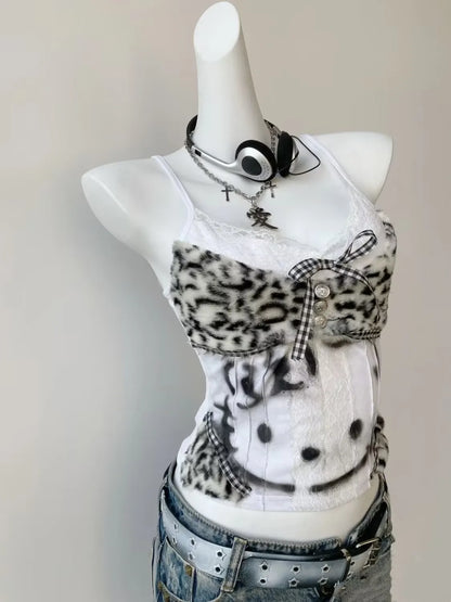 Vintage Hottie Halter Tank Tops Subculture Leopard Patchwork Vest Women's Kawaii Kitten Print Slim Y2K Crop Tops Women Clothes