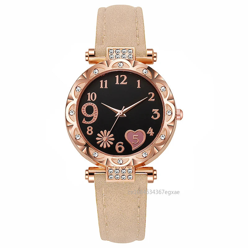 2/1PCS Fashion Heart Dial Women's Watches Luxury Leather Band Quartz Watch Rhinestone Bracelet Set Female Relogio Feminino