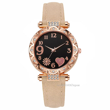 2/1PCS Fashion Heart Dial Women's Watches Luxury Leather Band Quartz Watch Rhinestone Bracelet Set Female Relogio Feminino