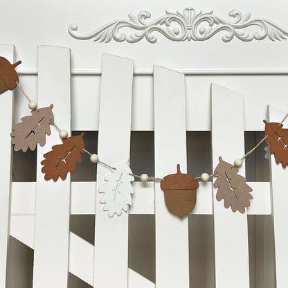 1pc Fall Garland Acorns and Oak Leaves, Neutral Autumn Banner, Felt Leaves and Wood Beads, Thanksgiving Home Decor