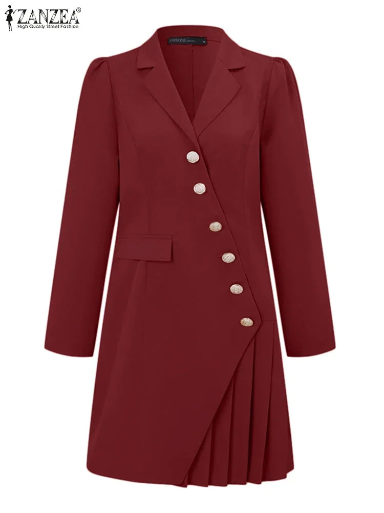 2024 ZANZEA Elegant Women OL Work Blazer Dress Autumn Fashion Casual Lapel Neck Solid Pleated Short Vestido Long Sleeve Sundres