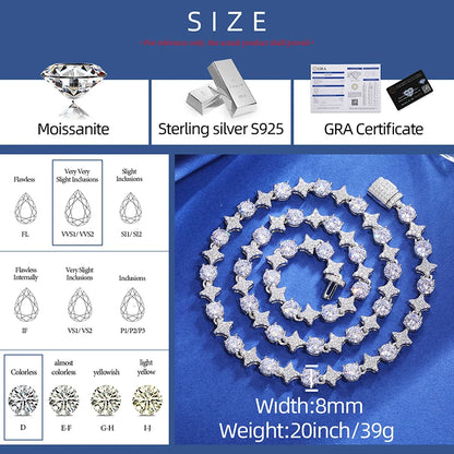 925 Sterling Silver Star Round Moissanite Tennis Chain Necklace For Women New Design Iced Out Hip Hop Fine Jewelry for Christmas