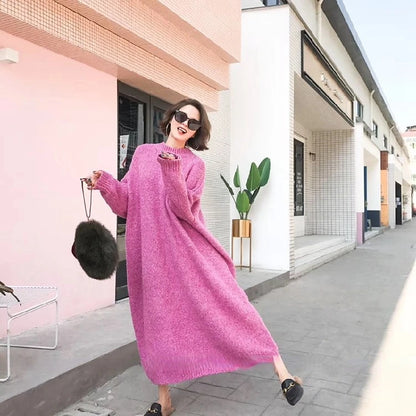 Winter Women Dress Fall Sweater Women Dress Long Sleeve Knitted Dresses Maxi Vintage Oversize Dresses Knitting Thick Warm Purple