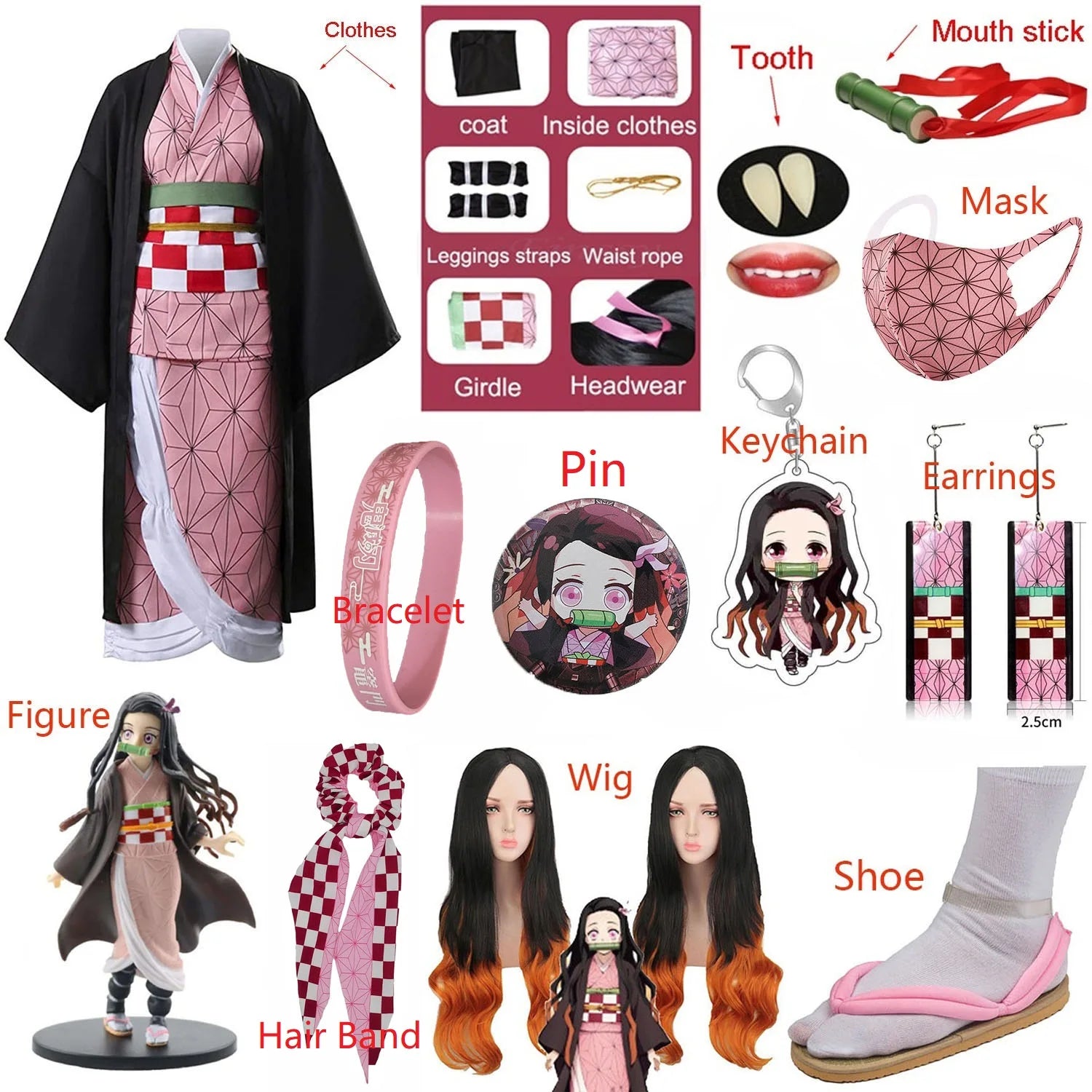 EtherealBe Demon Slayer Nezuko cosplay costume with wig, accessories, and character figure for fans