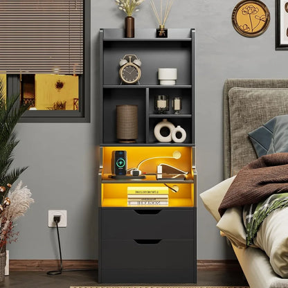 Charging Nightstand Set of 2 with LED Lights,Tall Night Stand with Bookshelf,Bedside Table with Drawers