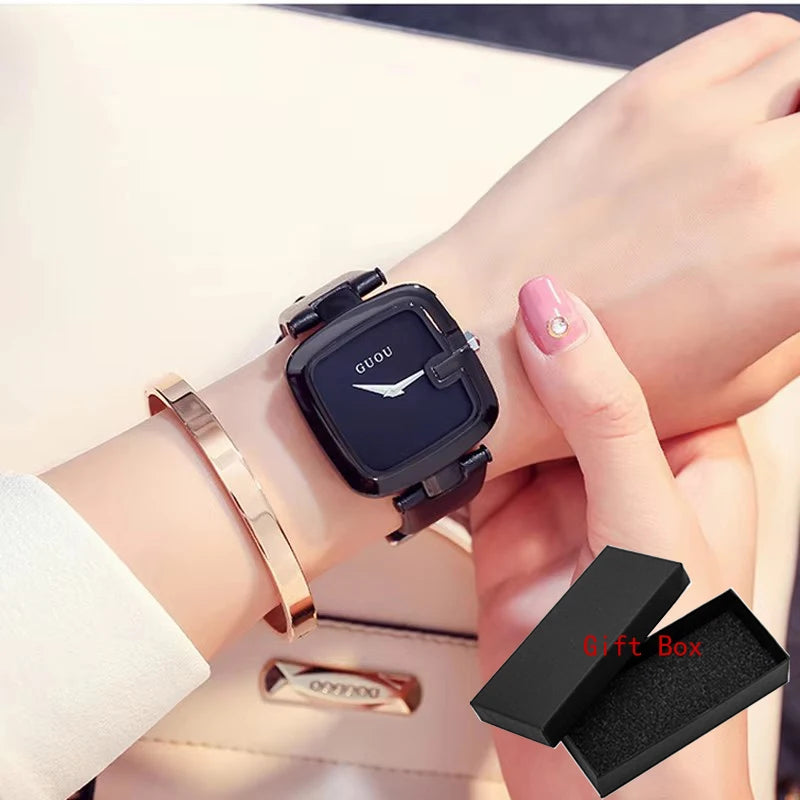 Guou Top Brand Women's Watches 2020 New Square Fashion Zegarek Damski Luxury Ladies Bracelet For Women Leather Strap Clock Saati