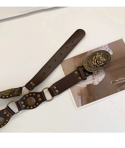 N Retro Ethnic Belt Y2K Bohemian Dress With a Wide Brown Belt