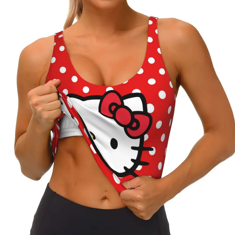 EtherealBe Hello Kitty sports bra for women with red polka dot design and iconic character print