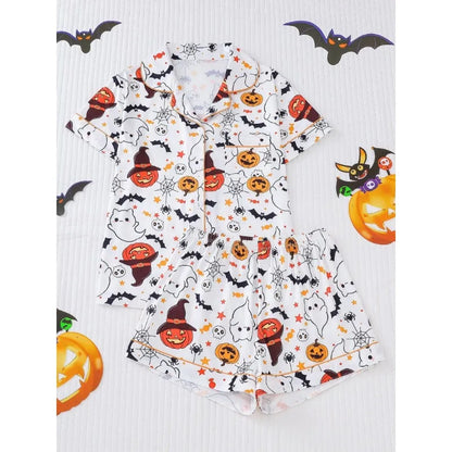 SUKAE Halloween Pyjamas Printed Lapel Collar Loose Short-sleeved Shorts Women Pajamas Set Women Loungewear Chic Woman Pajamas