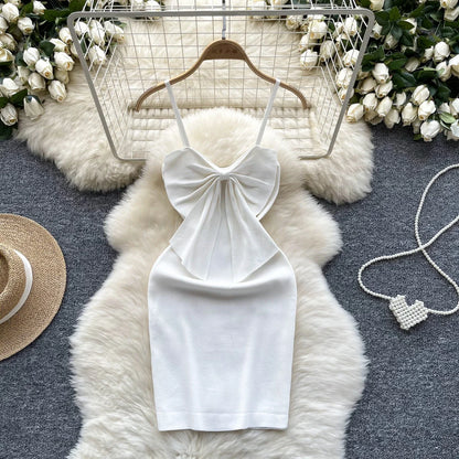 2024 Sexy Backless Lace Solid Knitted Bow Summer Dress Women Black Mini Party Dress Bodycon Sheath night Club Outfits