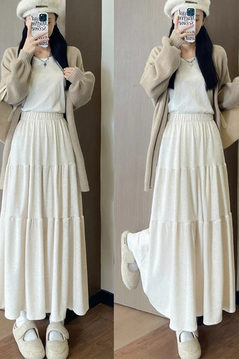 Autumn Casual Knit Pleated Skirt for Women Elegant Solid Color A Line Long Skirts Korean Streetwear High Waist Patchwork Skirt