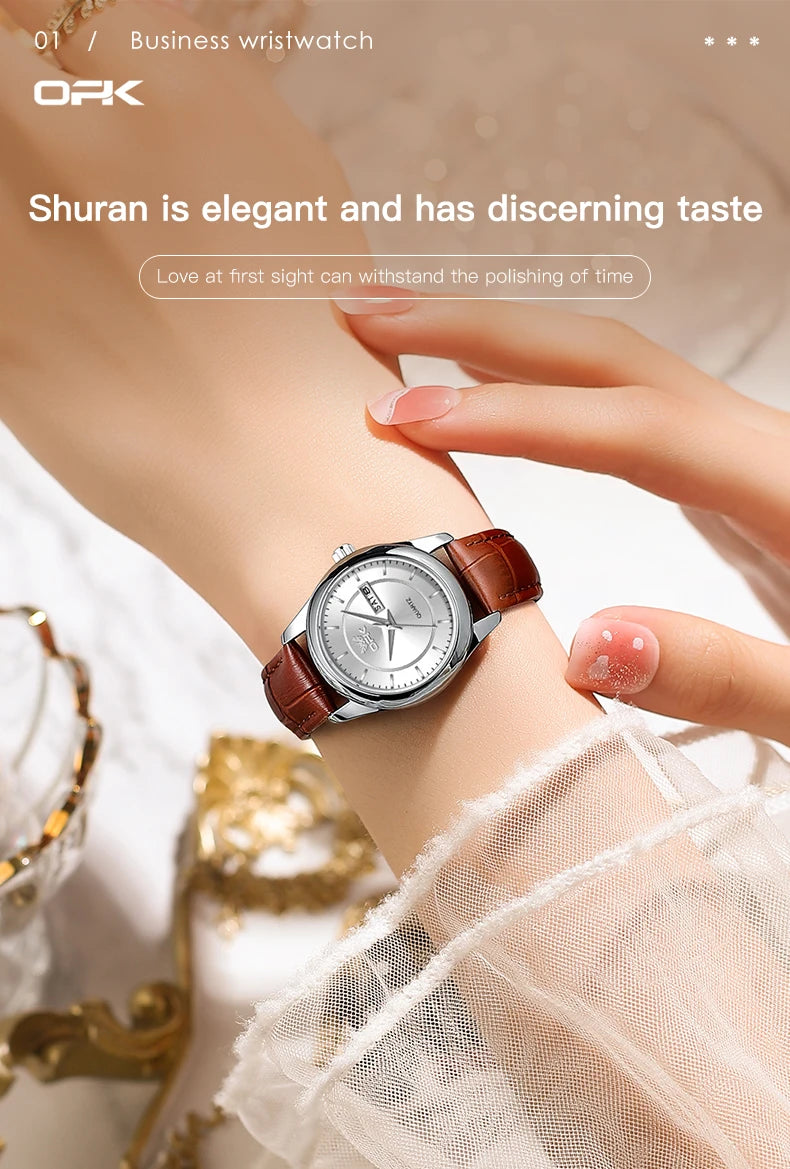 OPK 6022 Women's Watches Elegant Fashion Small Quartz Wristwatch for Ladies Waterproof  Leather Strap Dual Calendar Display