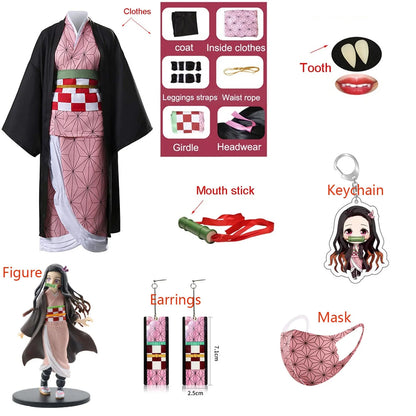 Demon Slayer Nezuko cosplay costume featuring kimono, accessories, and figure set for anime fans