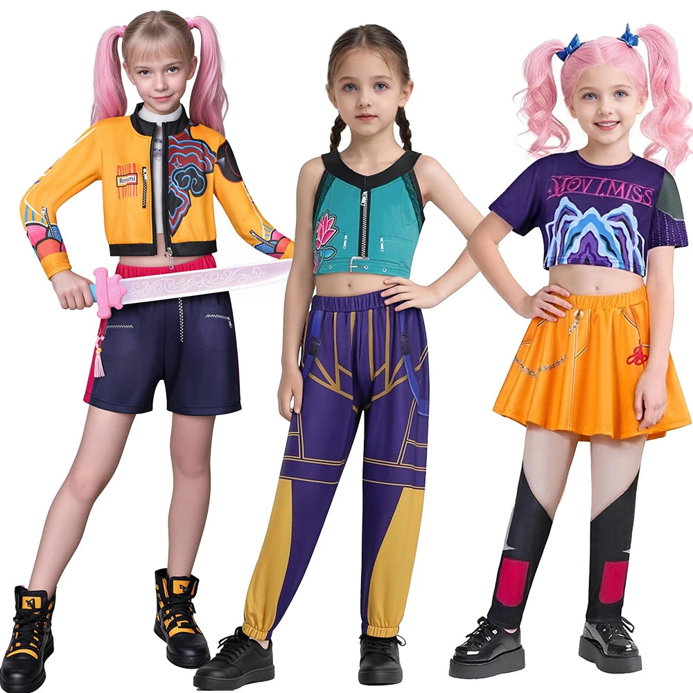 Three girls modeling Zoey Rumi kids costume colorful cyberpunk outfits with crop tops skirt shorts and toy sword