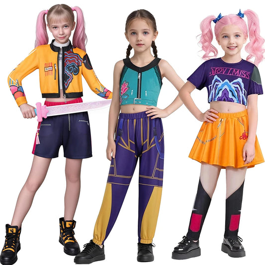 Three girls modeling Zoey Rumi kids costume colorful cyberpunk outfits with crop tops skirt shorts and toy sword