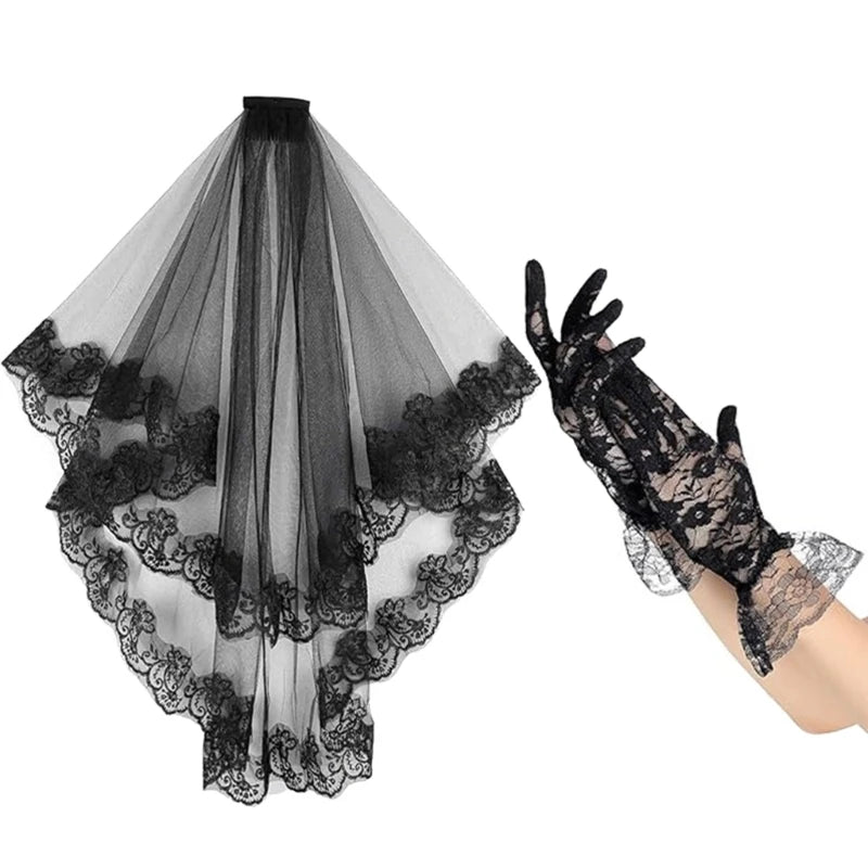 Elegant black lace veil and gloves set featuring intricate lace details for a stunning look