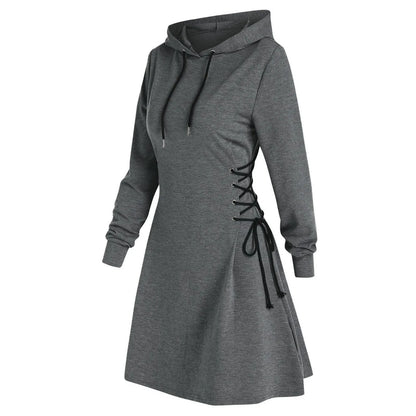 Autumn Women's Hooded Dress Casual Fashion Hoodie Dresses Long Sleeved Side Lace Up Slim Fit Short Dress Solid Color Dress
