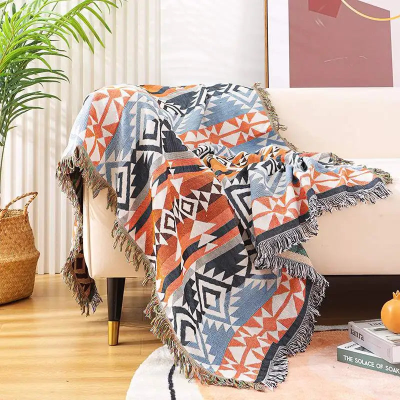 Retro Indian Style Thread Blanket Countryside Geometry Sofa Cobertor Hanging Tapestry Cotton Knitted Sofa Blanket for Bed Travel