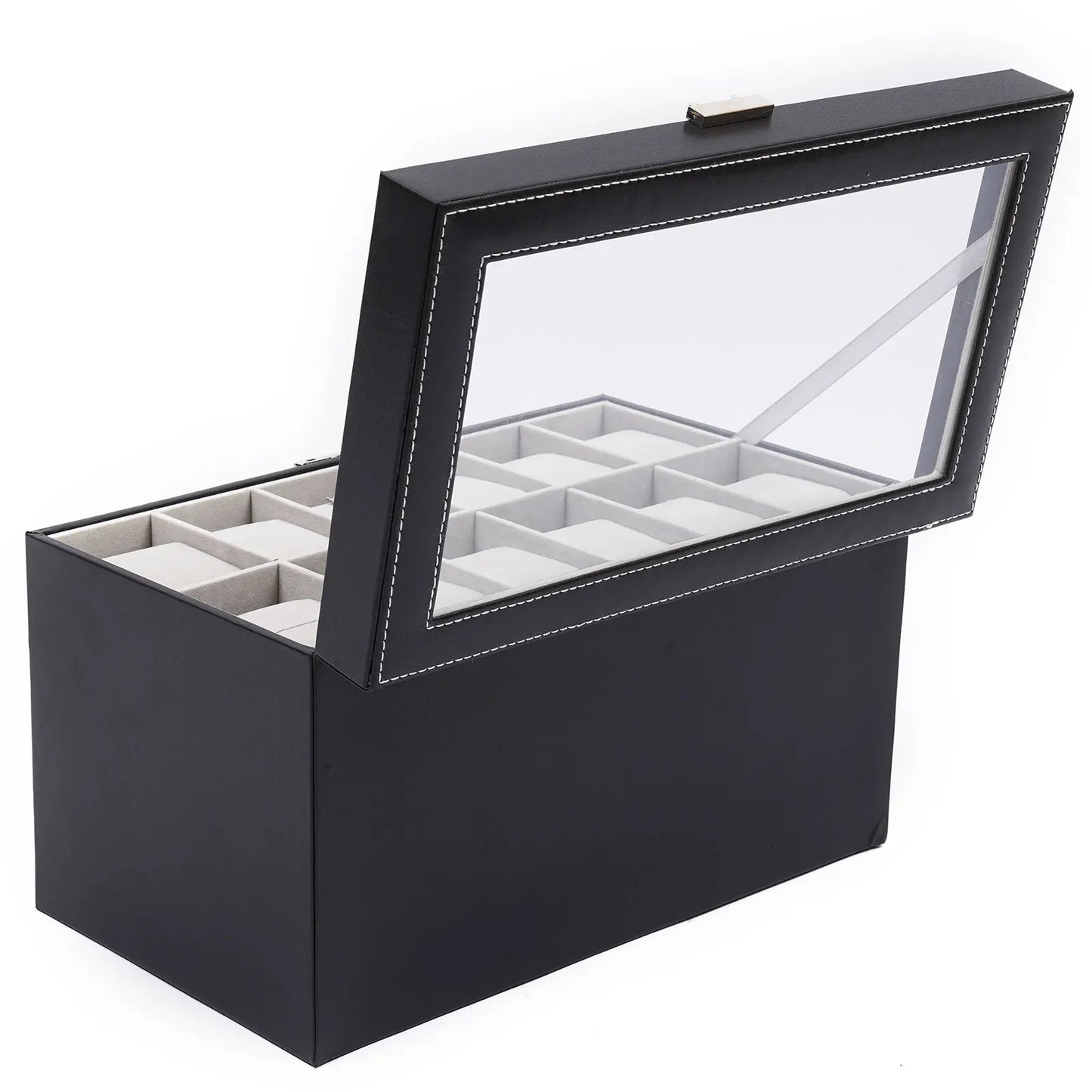3 Layer Leather Watch Box with Glass Window for 12 Watch Eyeglasses&Sunglasses Jewelry Display Drawer Case Organizer Black