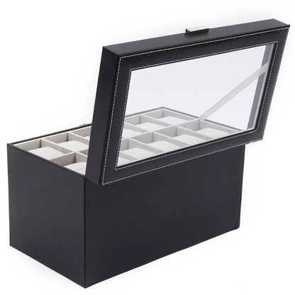3 Layer Leather Watch Box with Glass Window for 12 Watch Eyeglasses&Sunglasses Jewelry Display Drawer Case Organizer Black