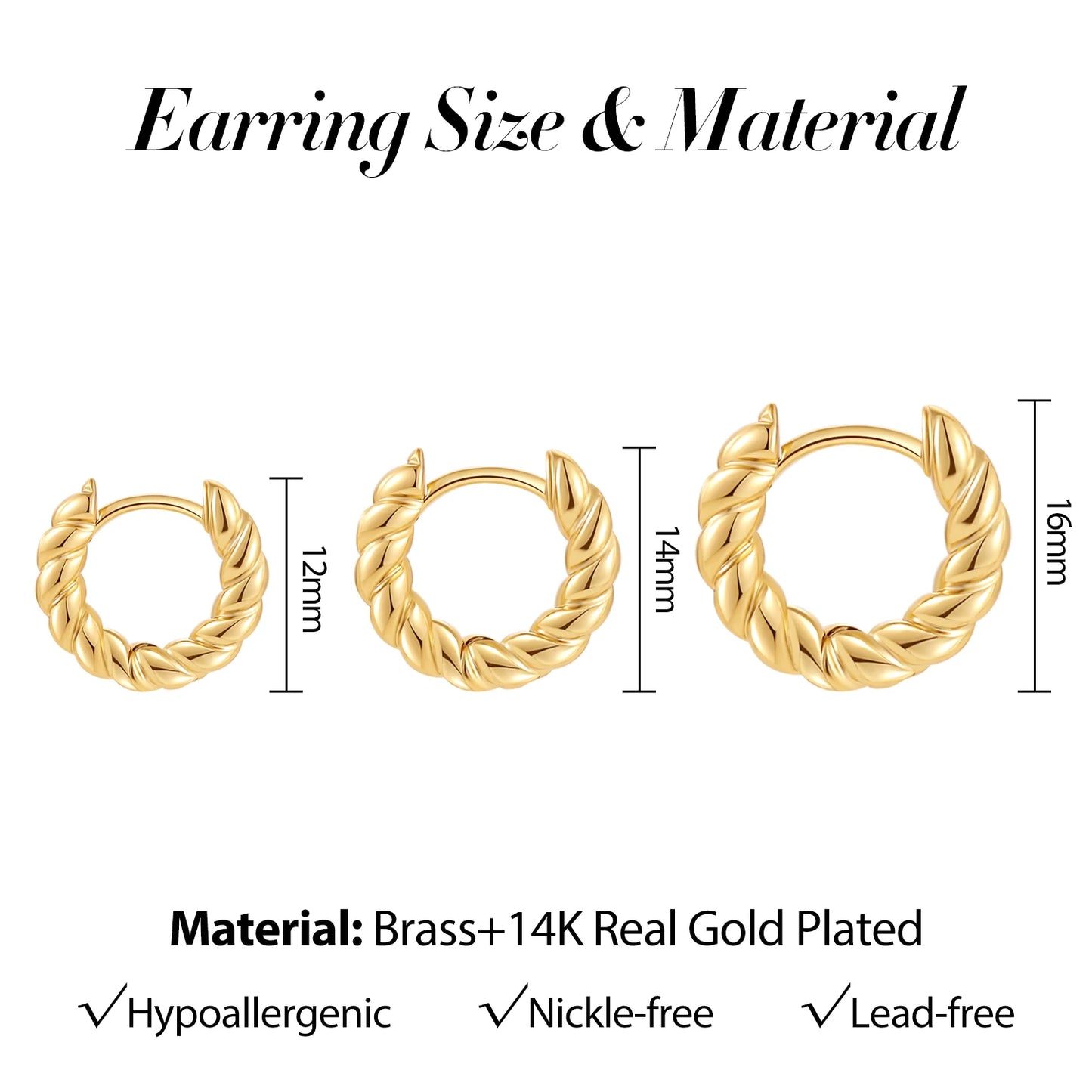New Trendy Stackable Cartilage Twisted Huggie Ear Buckle Gold Color Circle Hoop Earrings for Women Creative Jewelry 12/14/16mm