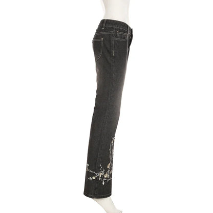 Weekeep Floral Embroidery Jeans Vintage 2000s Low Rise Flared Jeans Women Retro y2k Baggy Denim Pants High Street Basic Trousers