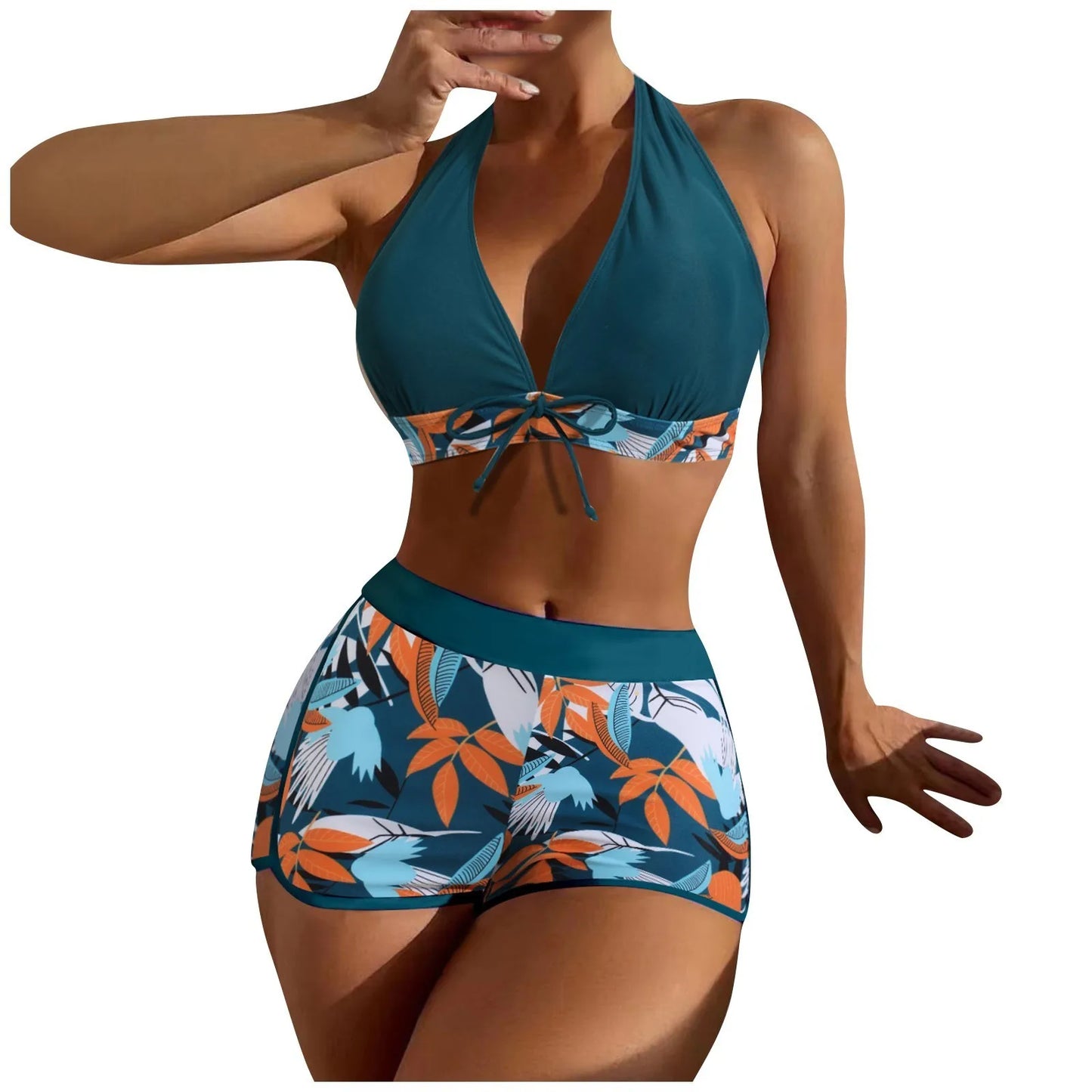 Women's Paneled Printed Swimsuit Ladies Fashion Sexy Split Boxer High Waist Swimsuit Two-Piece Set V-Neck Bathing Suits Female