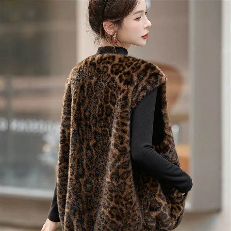 Winter fashion  casual senior sense thin  fur integrated leopard print vest warm top clothing  chalecos para mujer