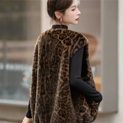 Winter fashion  casual senior sense thin  fur integrated leopard print vest warm top clothing  chalecos para mujer