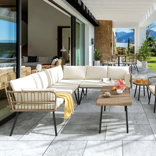 4 Pieces Patio Furniture Set, Outdoor Wicker Woven Conversation Sectional L-Shaped Sofa with 5 Seater for Backyard, Porch, Boho