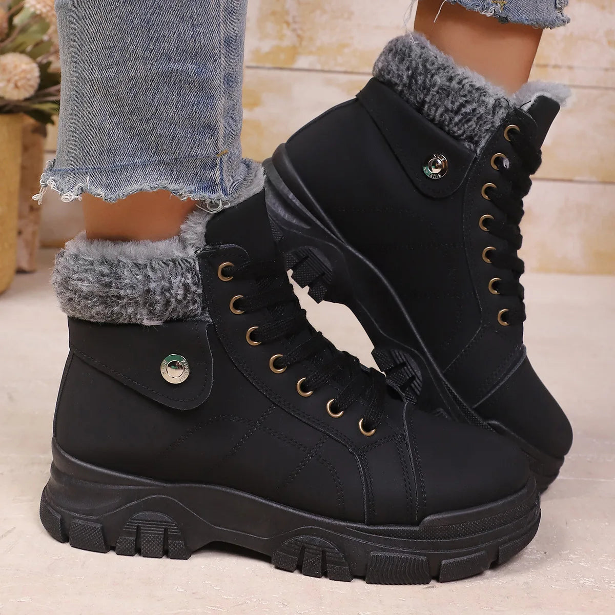 Winter Women's Boots Fashion High Top Warm Cotton Boots 2026 Winter New Women's Snow Boots Leather Casual Ankle Boot Botas Mujer