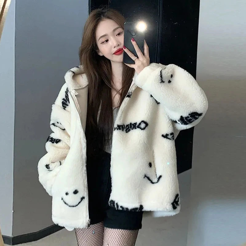 Jackets For Women 2022 Winter Cashmere Chic Printing Hooded Fashion Street Outerwear Sweet Casual College Women's jacket Coat