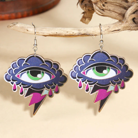 EtherealBe Halloween devil eye earrings with colorful eye and lightning bolt design for a spooky look