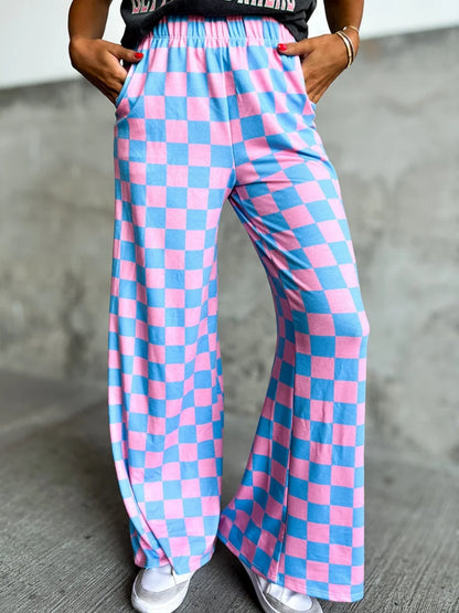 Womens Checkered Wide Leg Pants High Elastic Waisted Straight Loose Fitted LoungeTrouser Y2k Korean Streetwear