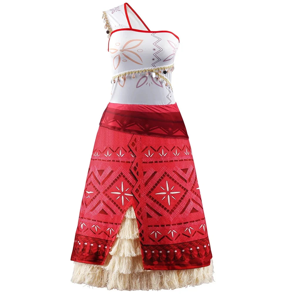 EtherealBe Moana cosplay costume for women featuring a red skirt and white top with tribal patterns