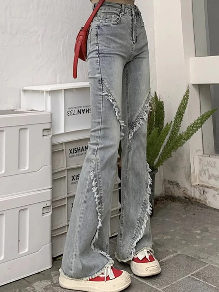 2024 Woman Korean High Waist Narrow Jeans Lady High Street Slim Fit Denim Flare Pants Female Blue Fashion Bell Bottom Trousers