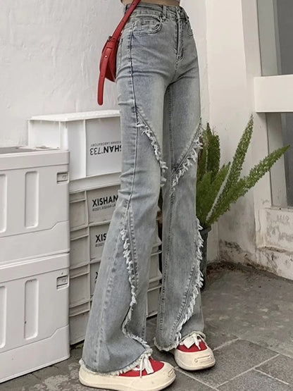 2024 Woman Korean High Waist Narrow Jeans Lady High Street Slim Fit Denim Flare Pants Female Blue Fashion Bell Bottom Trousers