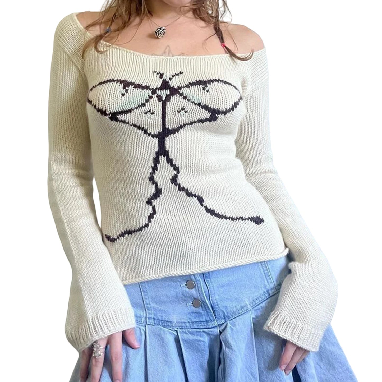 Women's Knit Tops Off Shoulder Slim Sweater Graphic Print Long Sleeve Knitwear Spring Fall Y2K Aesthetic Streetwear