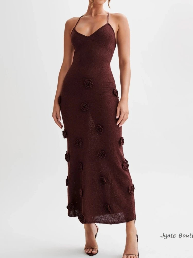Three-dimensional Flower Knitt Backless Lace Up Vestidos Fashion V-neck Vacation Beach Long Dress Sexy Slim Party Dress 2024 New