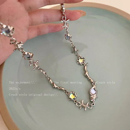 Kpop Fashion Shiny Star Necklace for Women Y2K Crystal Zircon Cross Pendant Necklaces Girls Antique Silver Color Clavicle Chain