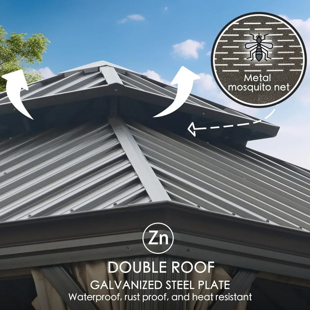 Hardtop Gazebo, Aluminum Metal Gazebo with Galvanized Steel Double Roof Canopy, Curtain and Netting, Permanent Gazebo