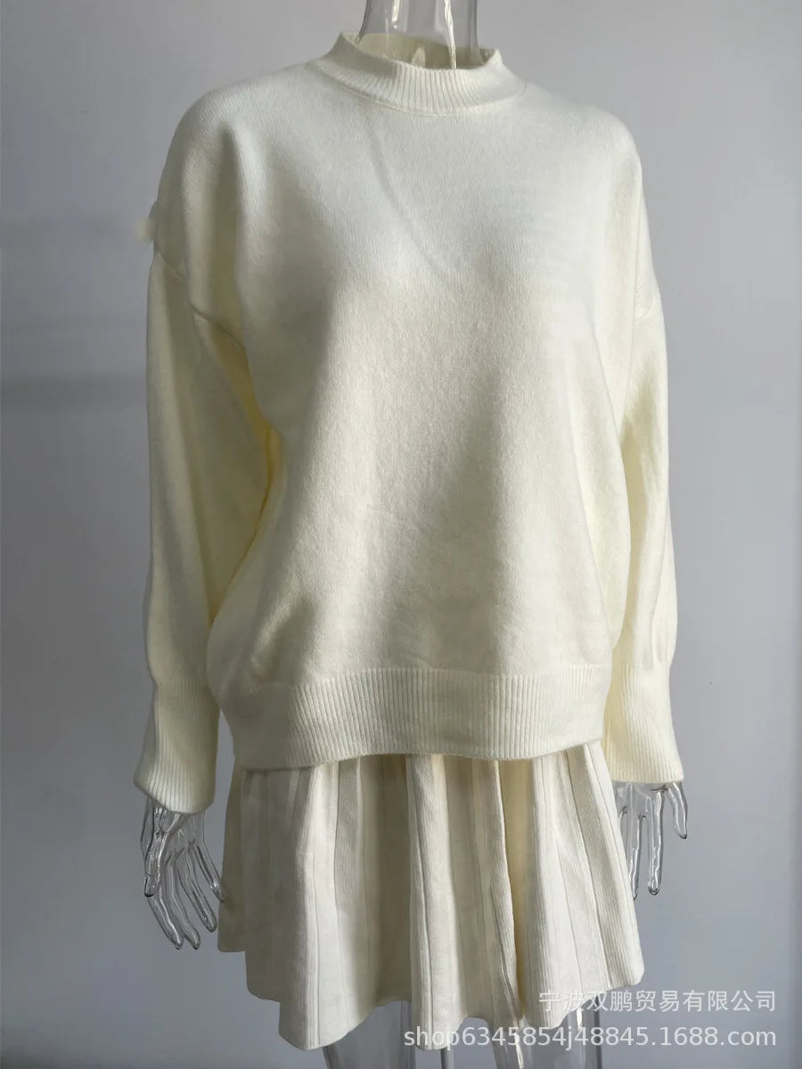 Autumn Solid Color O-neck Sweater Dress Sets Women's Clothing 2024 New Long Sleeves Fishion Style Loose Knitted Short Skirt Set